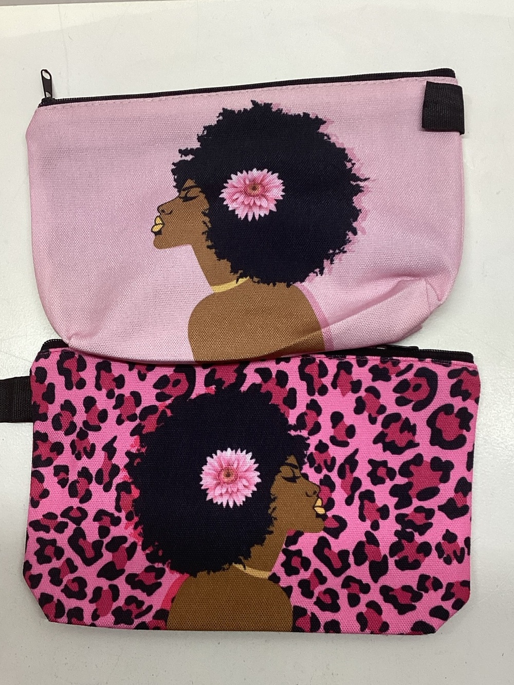 Set of 2 Pink Afro Melanin Queen Cosmetic Makeup Bags